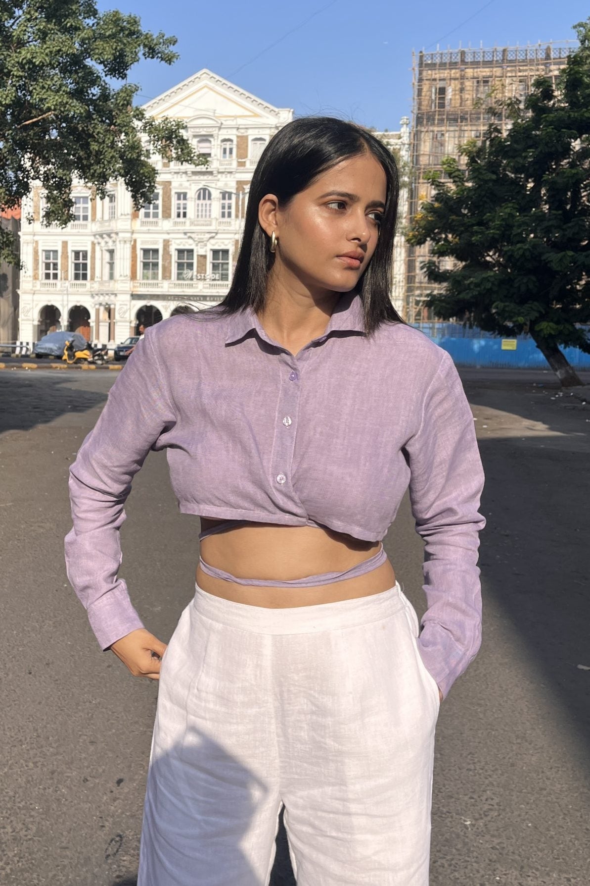 Lavender Cropped Tie-up Shirt