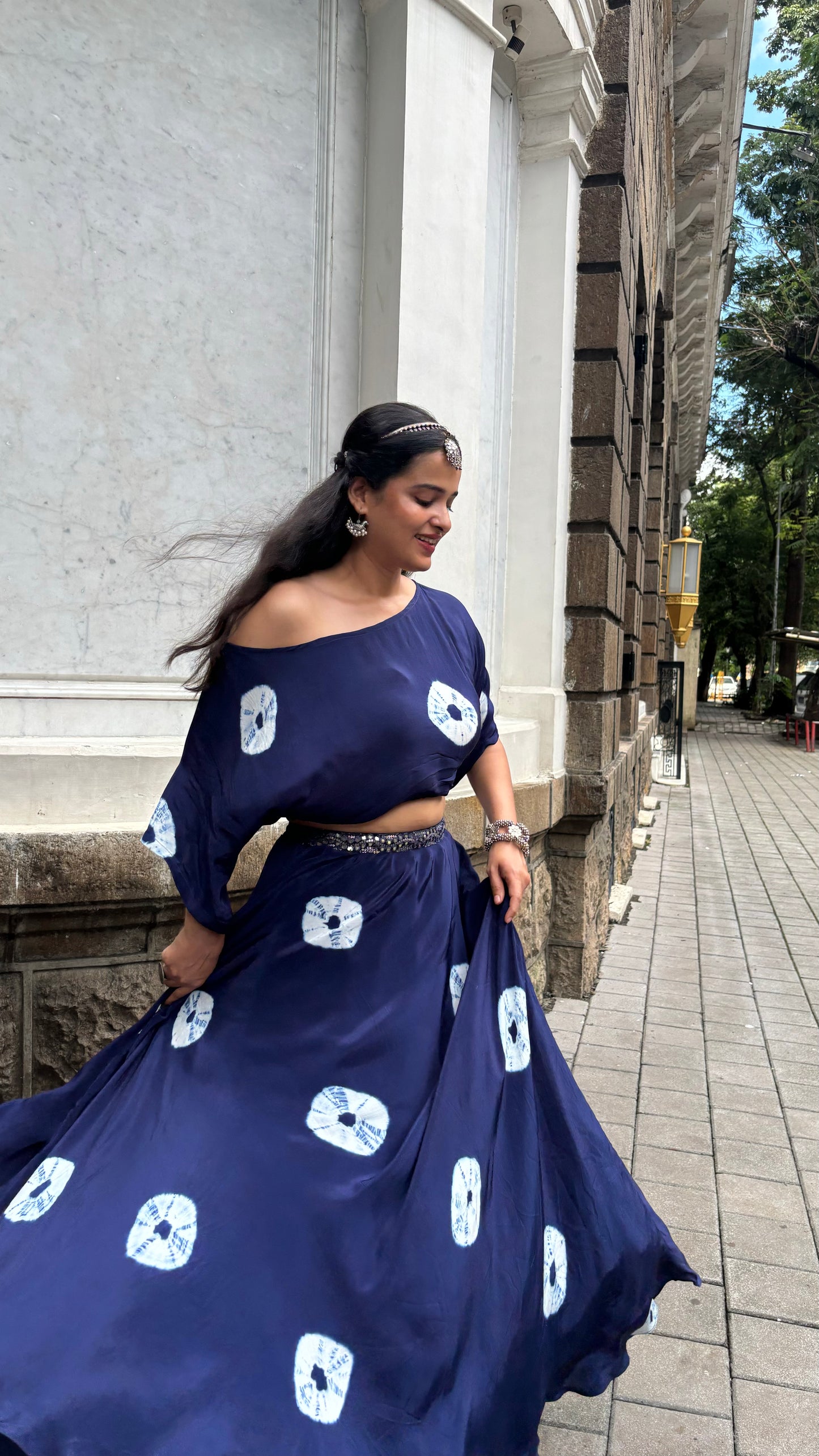 Indi Blue Tie & Dye Off Shoulder Top and Lehenga Set