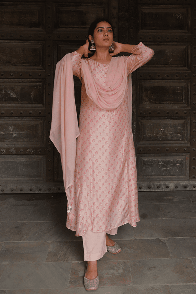 Blushing Pink Cotton Silk Handblock Suit Set