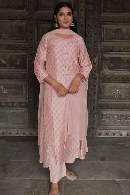 Blushing Pink Cotton Silk Handblock Suit Set