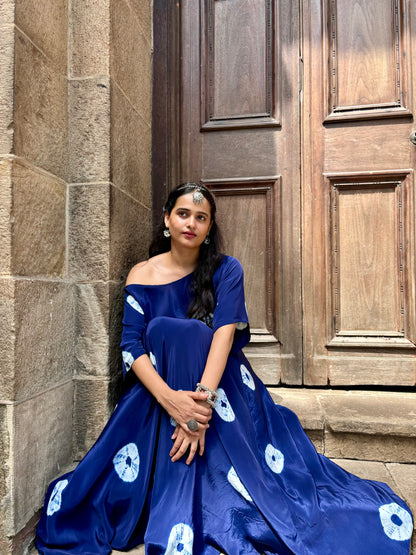 Indi Blue Tie & Dye Off Shoulder Top and Lehenga Set