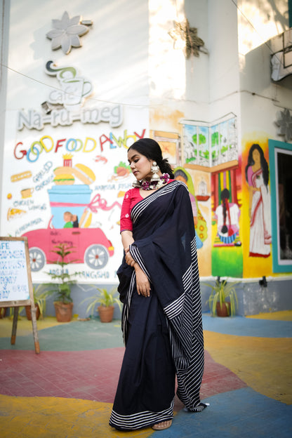 Coal Black Handblock Print Natural Dyed Mulmul Cotton Saree