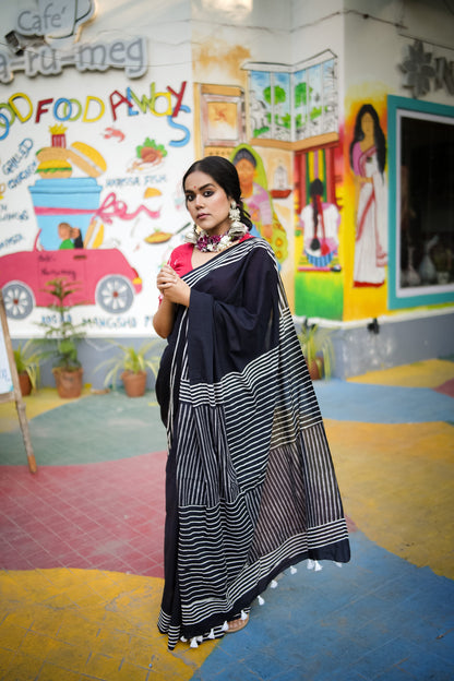 Coal Black Handblock Print Natural Dyed Mulmul Cotton Saree