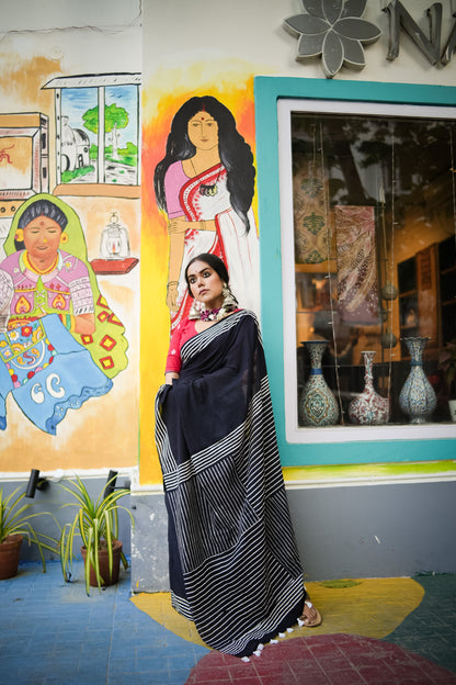 Coal Black Handblock Print Natural Dyed Mulmul Cotton Saree