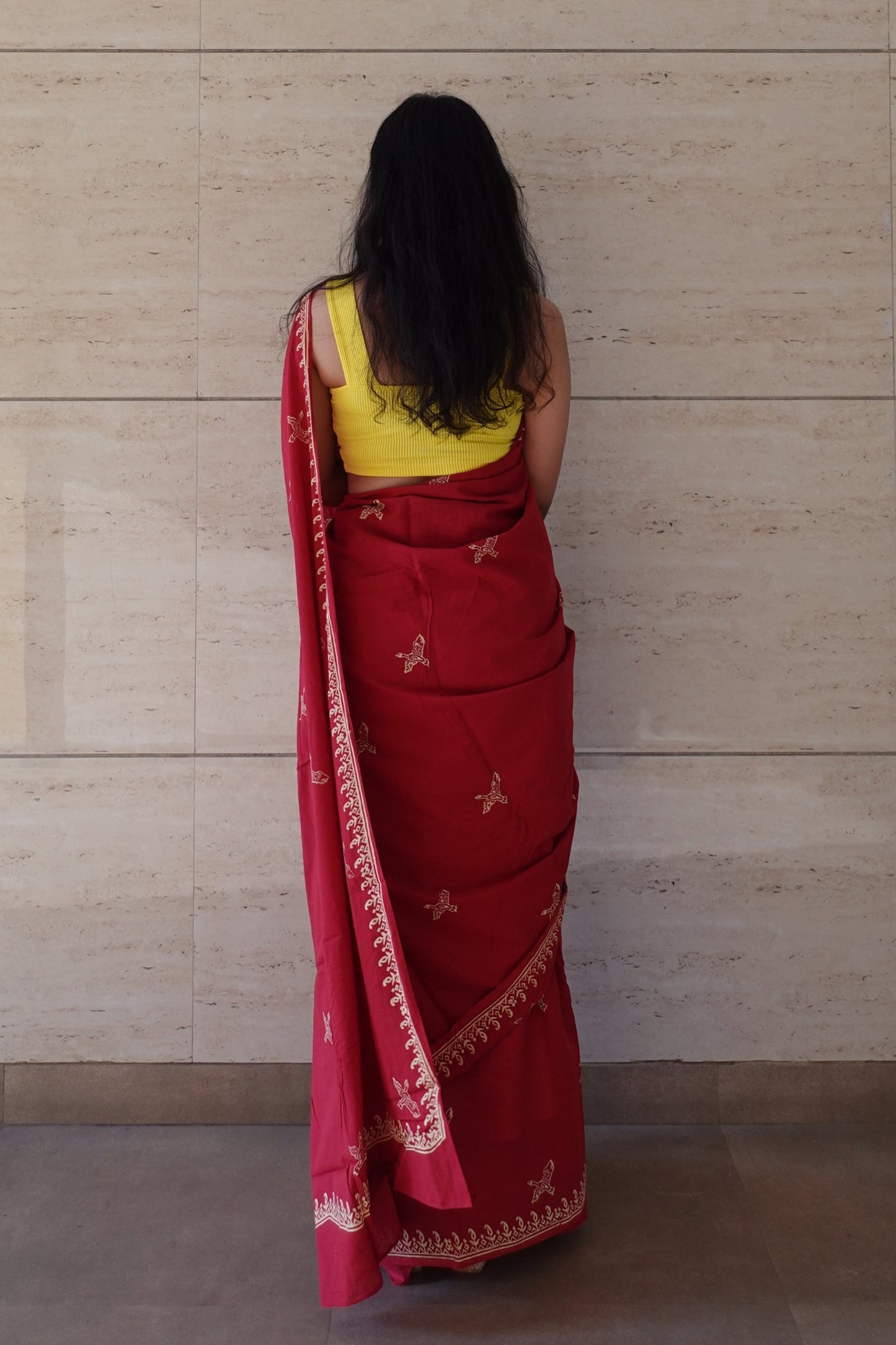 Free Sparrow - Handblock Print Natural Dyed - Red Mulmul Cotton Saree