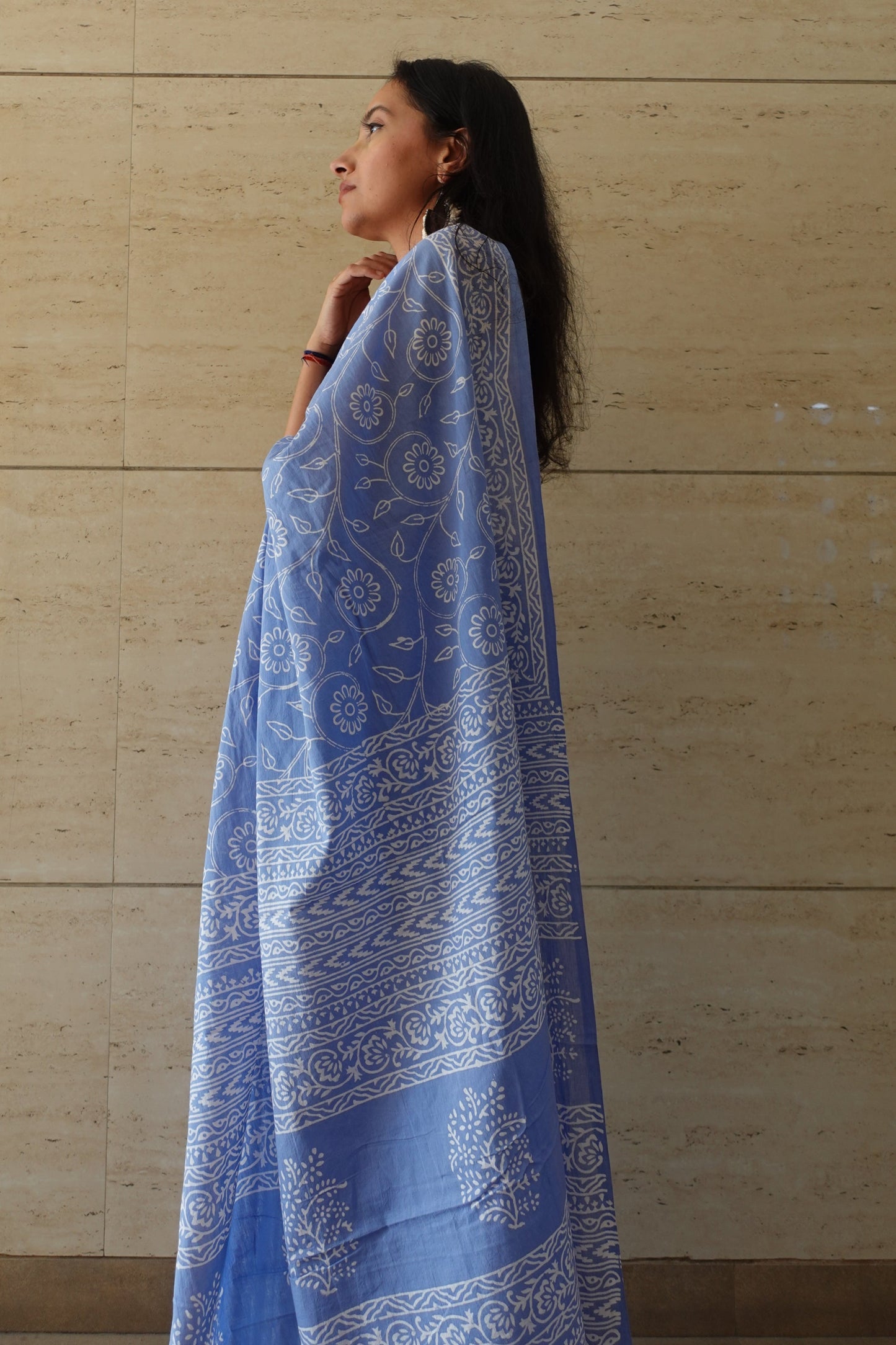 Floral Sky - Handblock Print Natural Dyed - Sky Blue Mulmul Cotton Saree