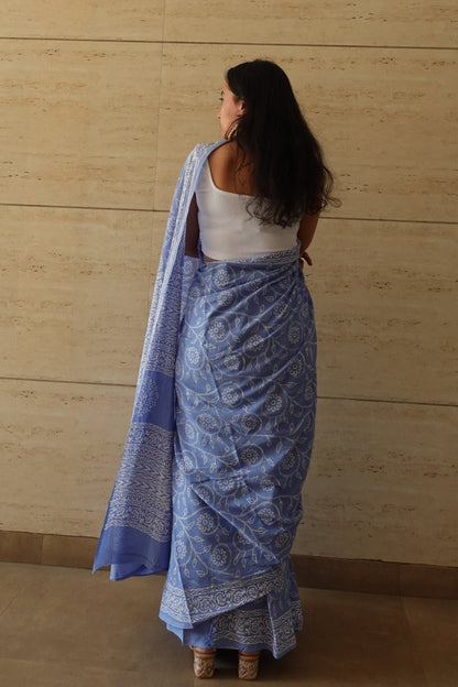 Floral Sky - Handblock Print Natural Dyed - Sky Blue Mulmul Cotton Saree