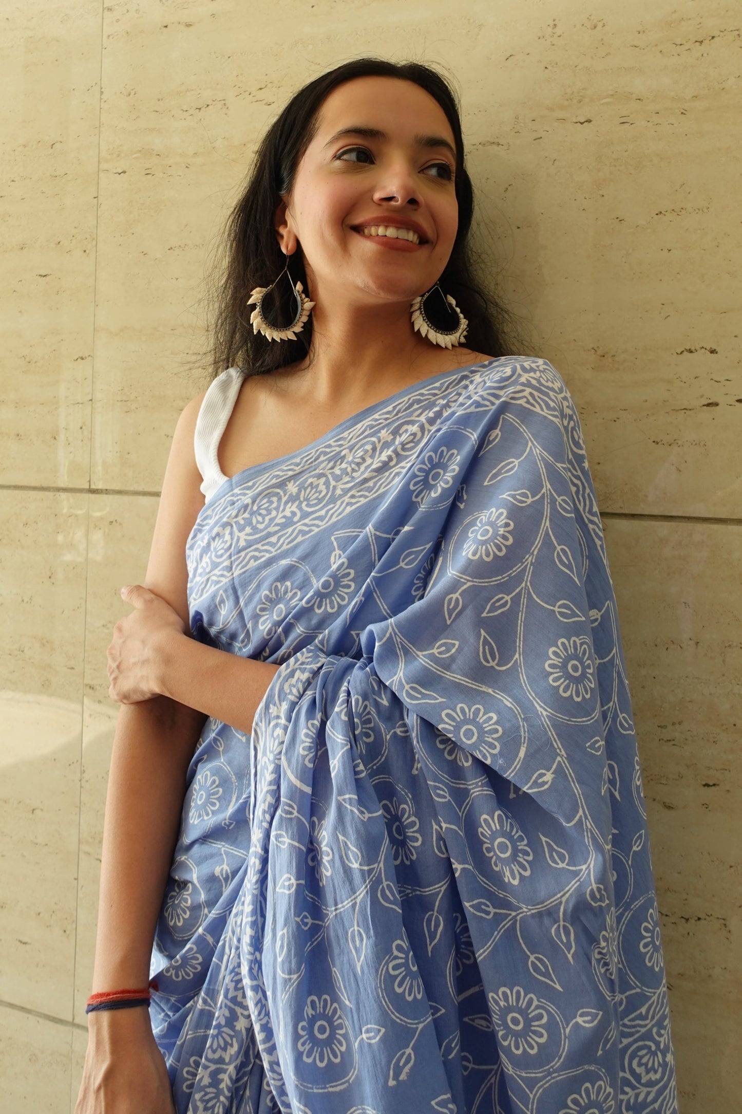 Floral Sky - Handblock Print Natural Dyed - Sky Blue Mulmul Cotton Saree