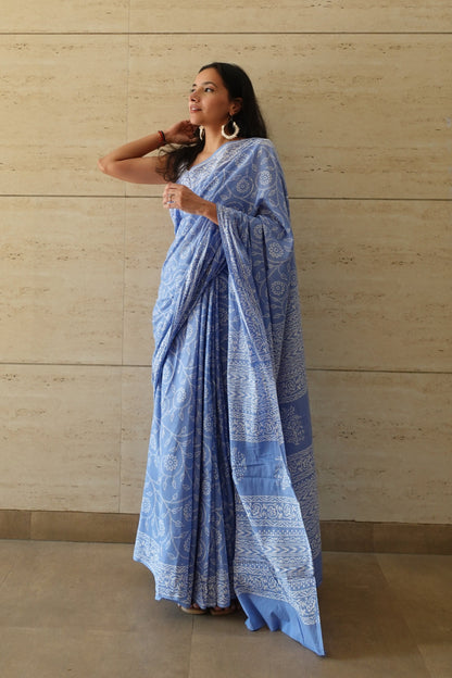 Floral Sky - Handblock Print Natural Dyed - Sky Blue Mulmul Cotton Saree