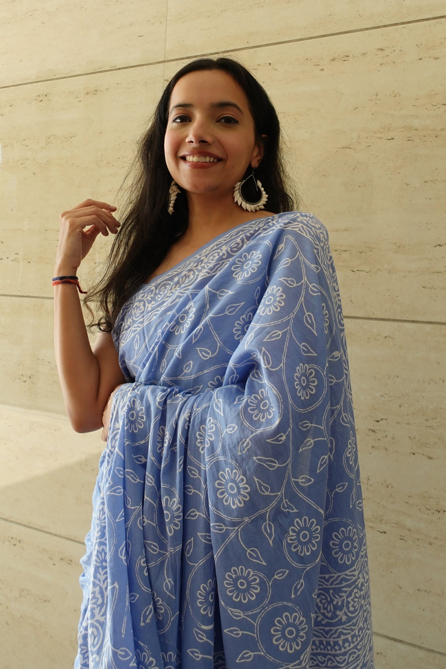 Floral Sky - Handblock Print Natural Dyed - Sky Blue Mulmul Cotton Saree