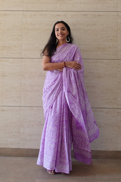 Lavender Love Letter - Handblock Print Natural Dyed - Mulmul Cotton Saree