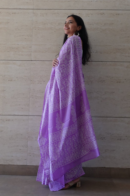 Lavender Love Letter - Handblock Print Natural Dyed - Mulmul Cotton Saree