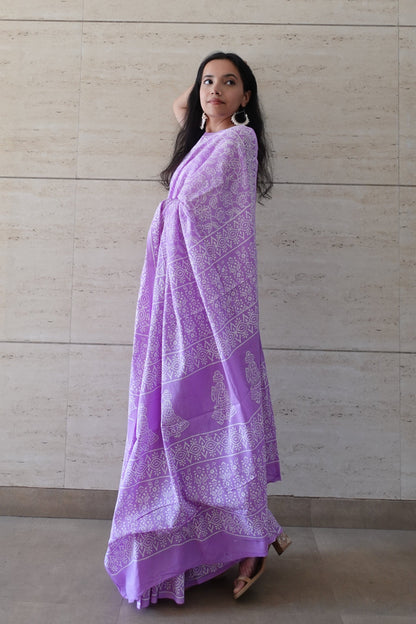 Lavender Love Letter - Handblock Print Natural Dyed - Mulmul Cotton Saree