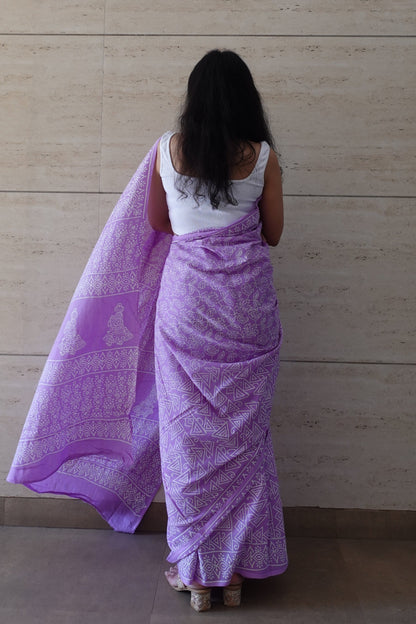 Lavender Love Letter - Handblock Print Natural Dyed - Mulmul Cotton Saree