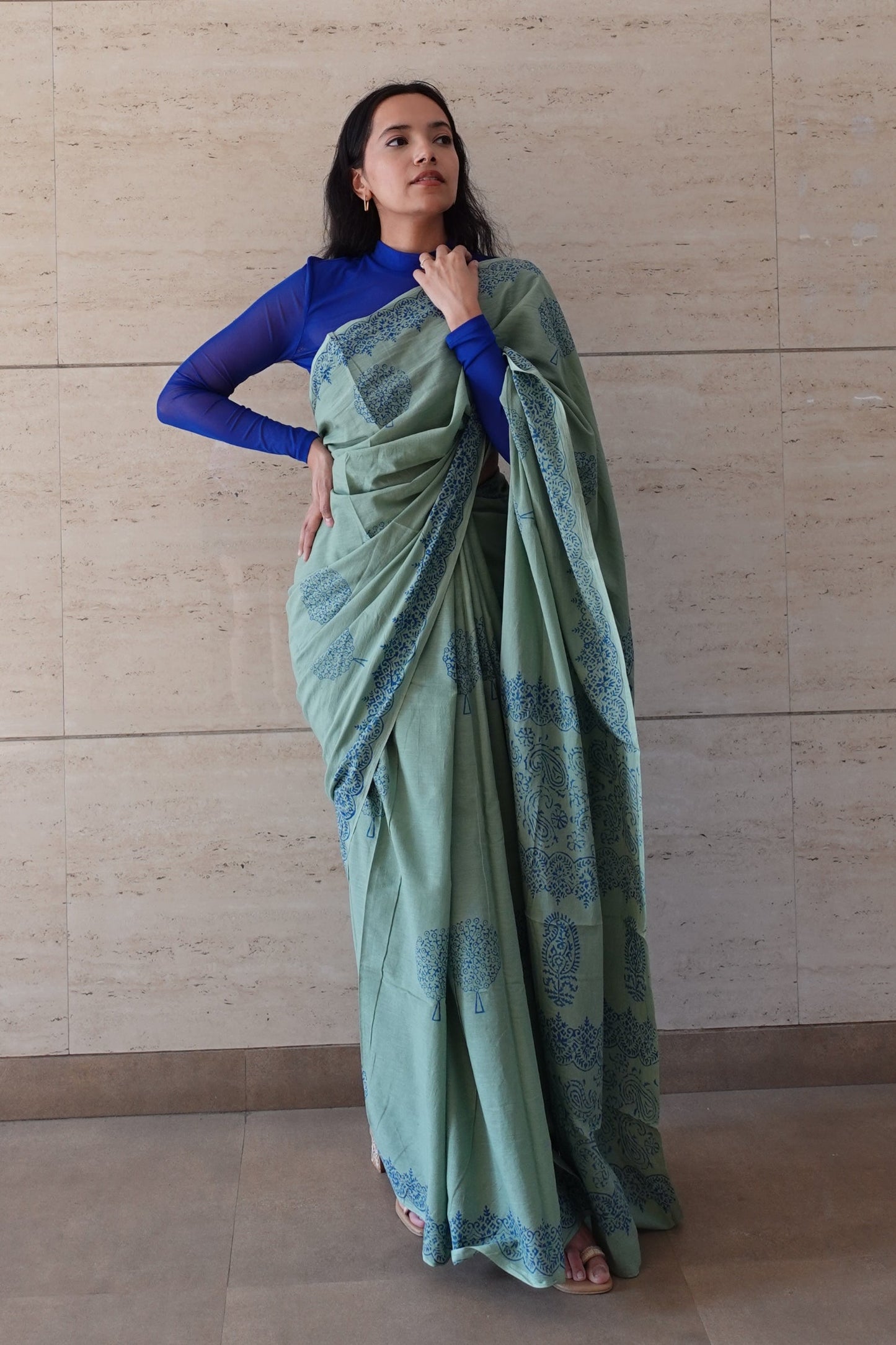 Seaside Serenity- Handblock Print Natural Dyed - Sage Green Mulmul Cotton Saree