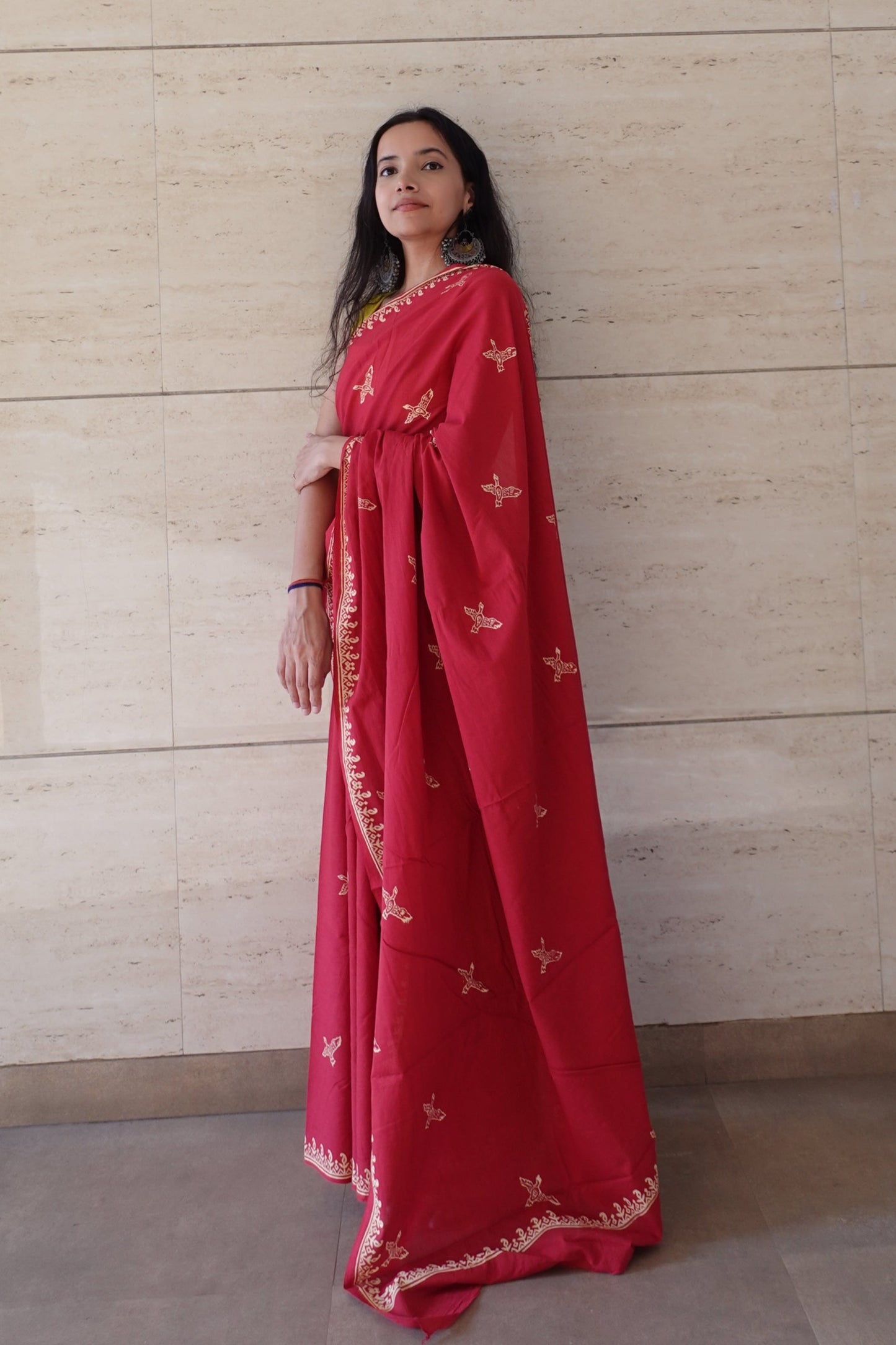 Free Sparrow - Handblock Print Natural Dyed - Red Mulmul Cotton Saree