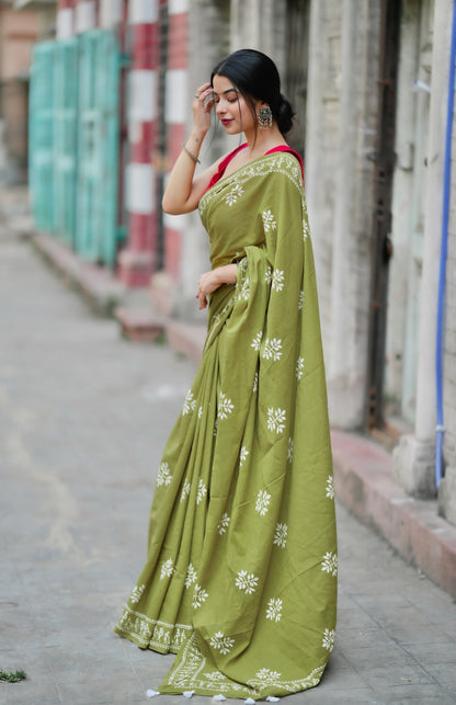 Fragrance of Heena - Handblock Print Natural Dyed - Mulmul Cotton Saree