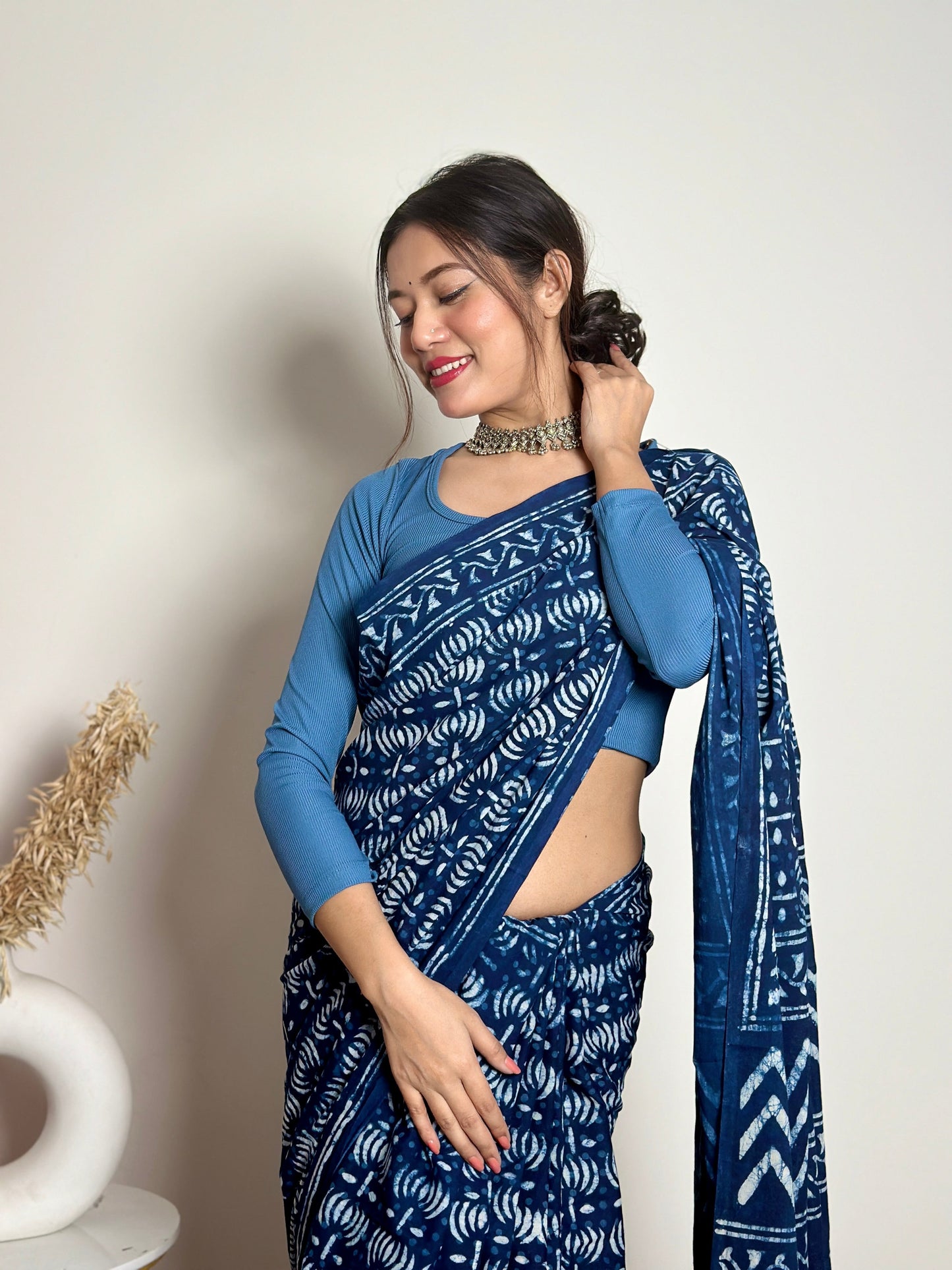 Indigo Lotus Handblock Dabu in Natural Dyes Cotton Mulmul Saree