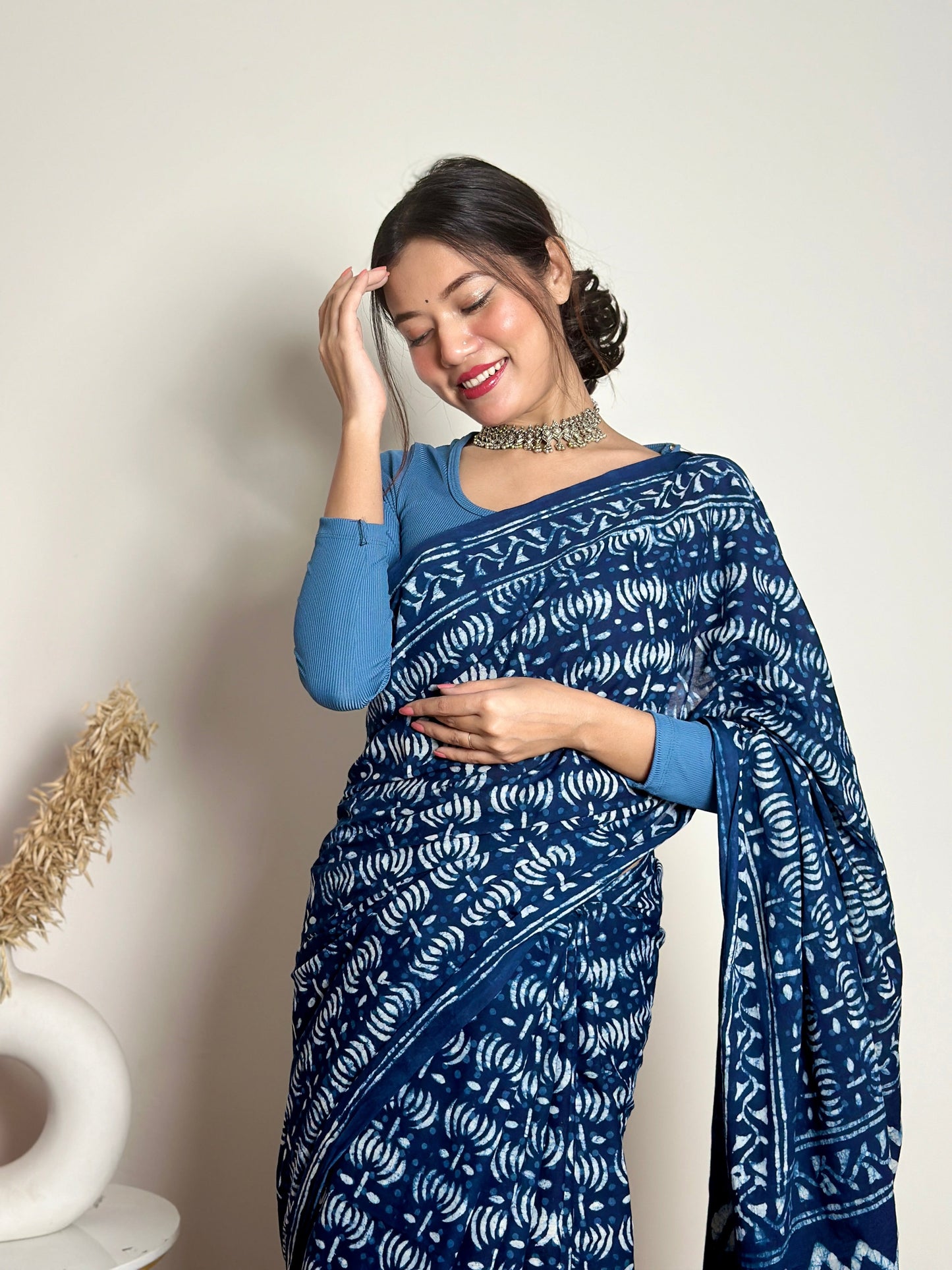 Indigo Lotus Handblock Dabu in Natural Dyes Cotton Mulmul Saree