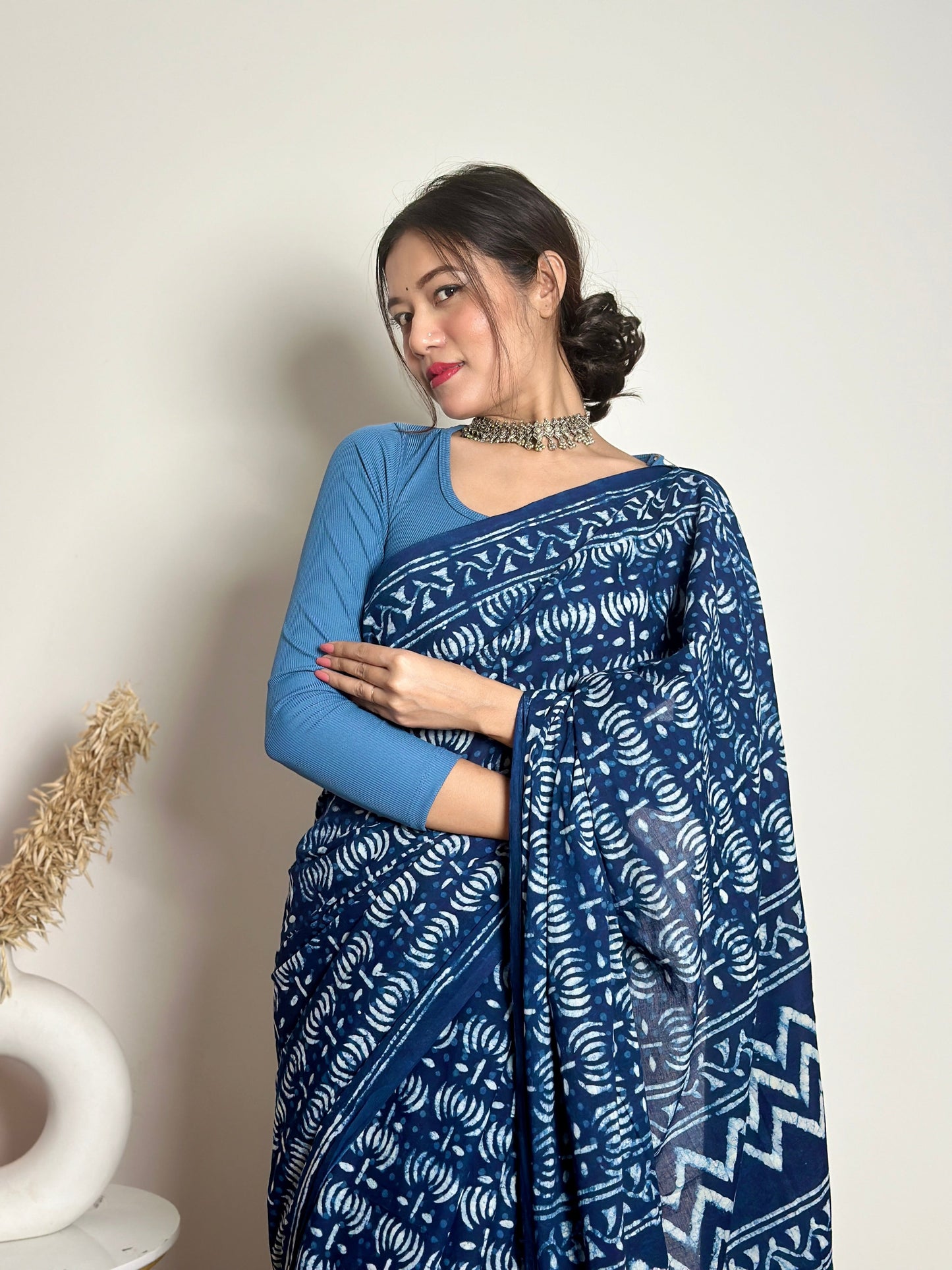 Indigo Lotus Handblock Dabu in Natural Dyes Cotton Mulmul Saree