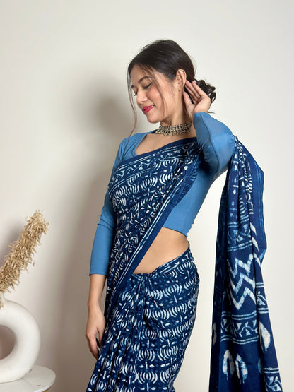 Indigo Lotus Handblock Dabu in Natural Dyes Cotton Mulmul Saree