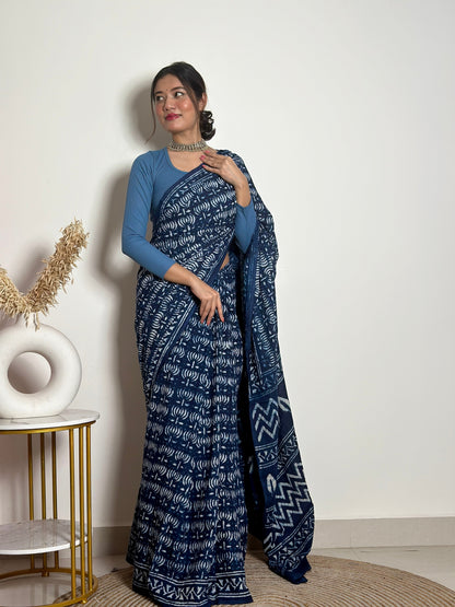 Indigo Lotus Handblock Dabu in Natural Dyes Cotton Mulmul Saree