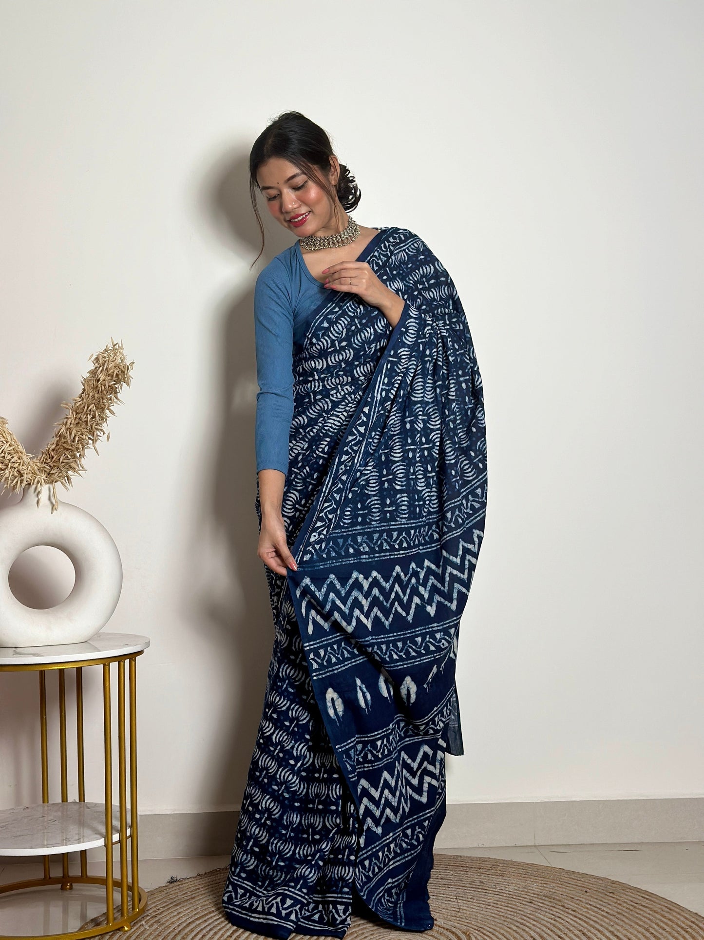 Indigo Lotus Handblock Dabu in Natural Dyes Cotton Mulmul Saree