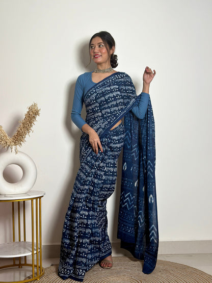 Indigo Lotus Handblock Dabu in Natural Dyes Cotton Mulmul Saree