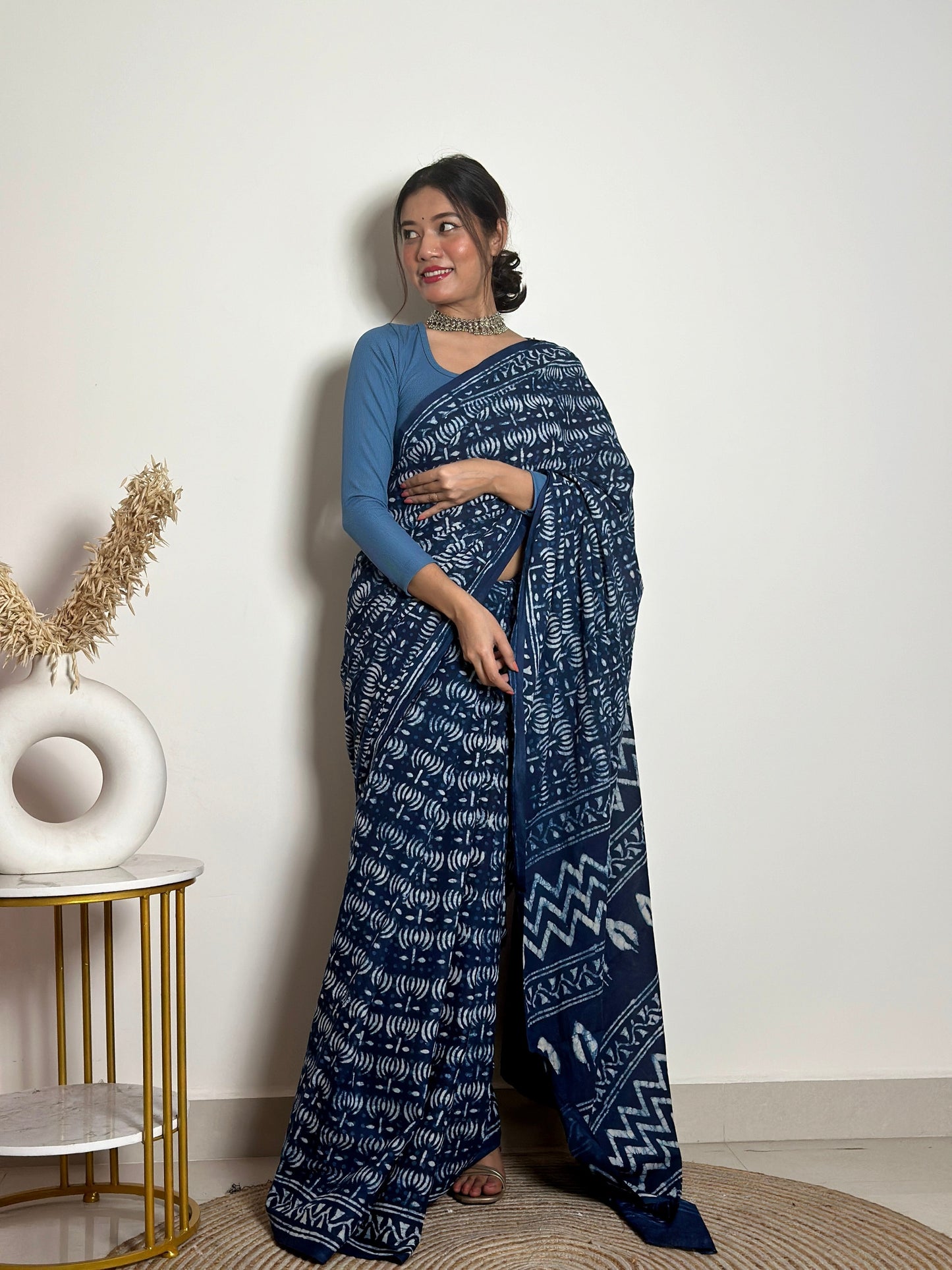 Indigo Lotus Handblock Dabu in Natural Dyes Cotton Mulmul Saree