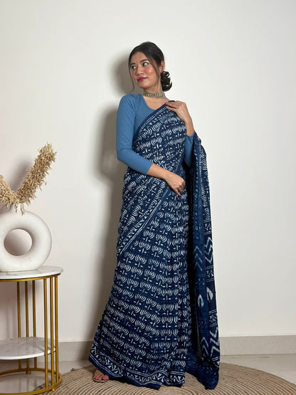 Indigo Lotus Handblock Dabu in Natural Dyes Cotton Mulmul Saree