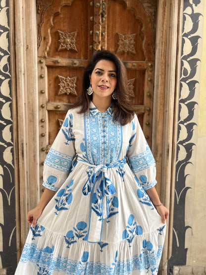 White Mughal Printed Tier Cotton Dress