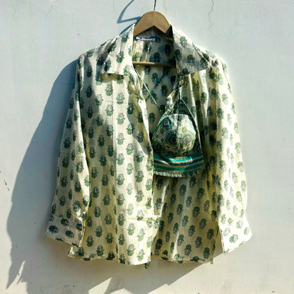 White & Green Butti Shirt with Bralette Mul Combo