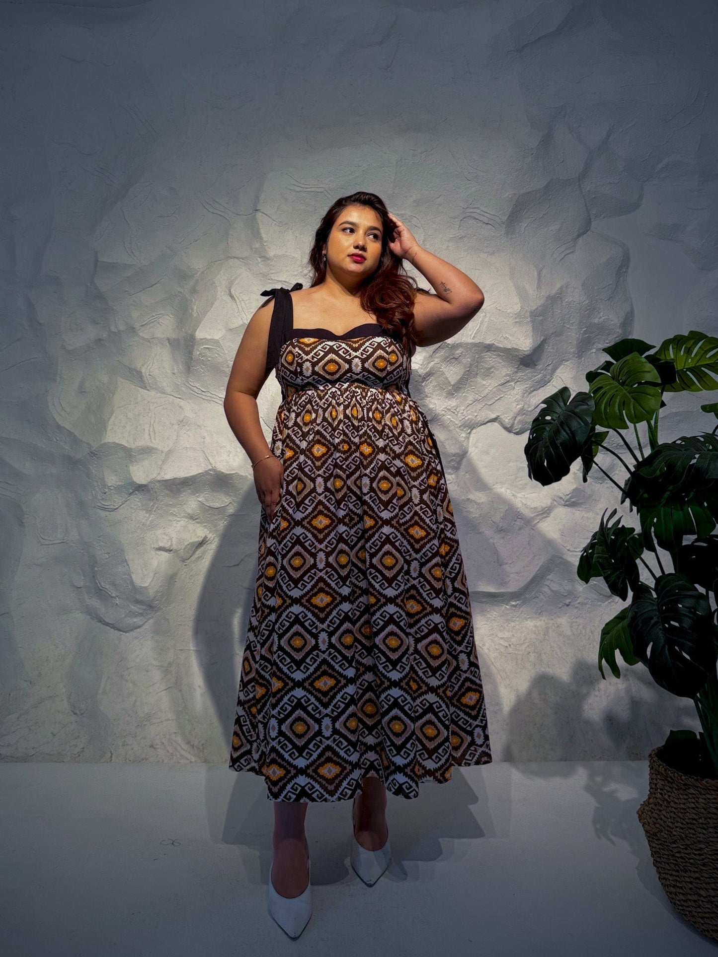 Nocturne Cotton Midi Dress with Tie-Up Straps