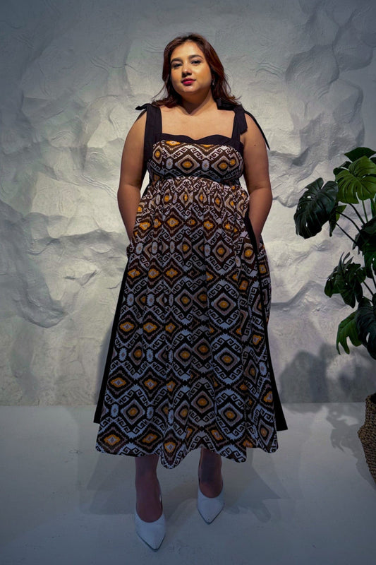 Nocturne Cotton Midi Dress with Tie-Up Straps