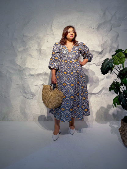 Mirabella Printed Cotton Midi Dress with Balloon Sleeves