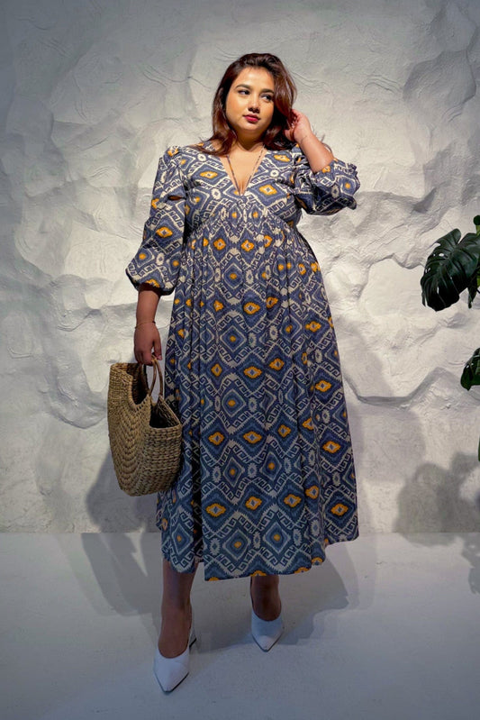 Mirabella Printed Cotton Midi Dress with Balloon Sleeves