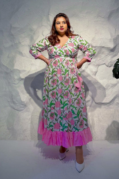 Eclat Printed Wrap Maxi Dress with Frill Hem