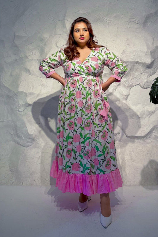 Eclat Printed Wrap Maxi Dress with Frill Hem