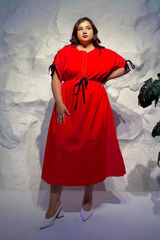 Crimson Drawstring Midi Dress