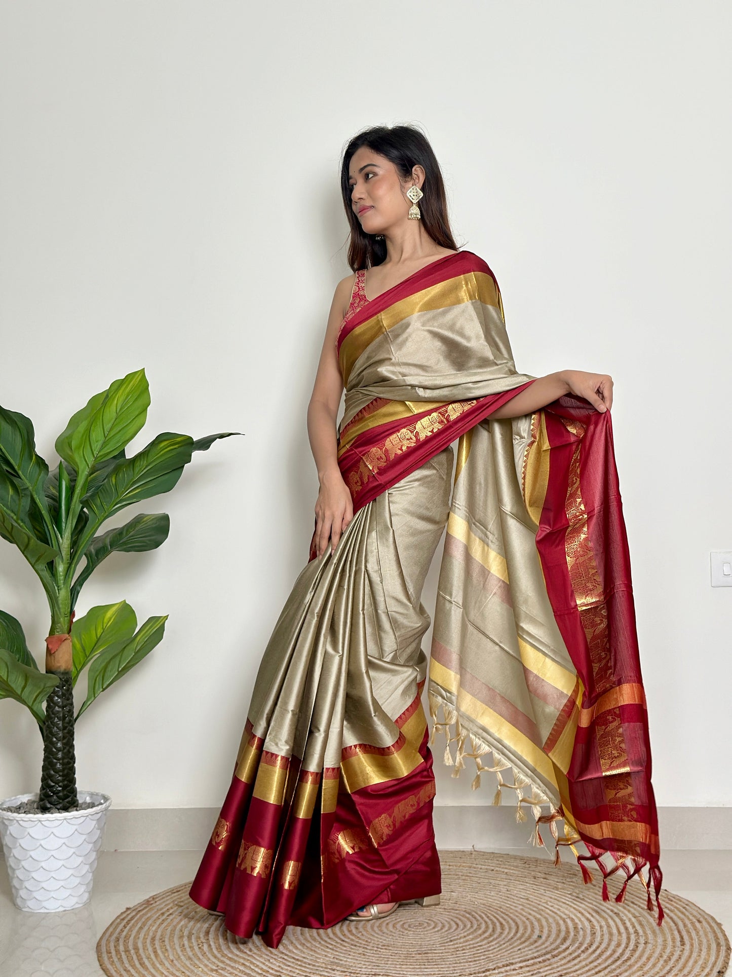 Warm Grey Beige Handwoven Silk Saree