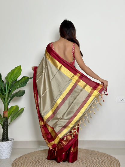 Warm Grey Beige Handwoven Silk Saree