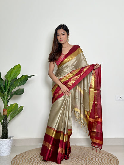 Warm Grey Beige Handwoven Silk Saree