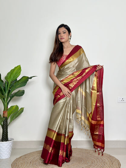 Warm Grey Beige Handwoven Silk Saree