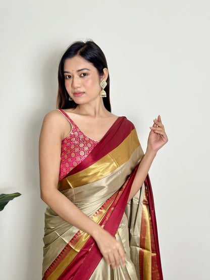 Warm Grey Beige Handwoven Silk Saree