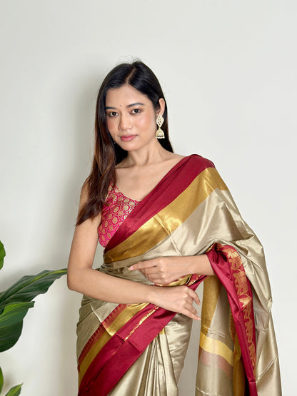 Warm Grey Beige Handwoven Silk Saree