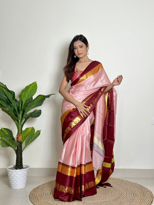 Rose Milk Pink Handwoven Silk Saree
