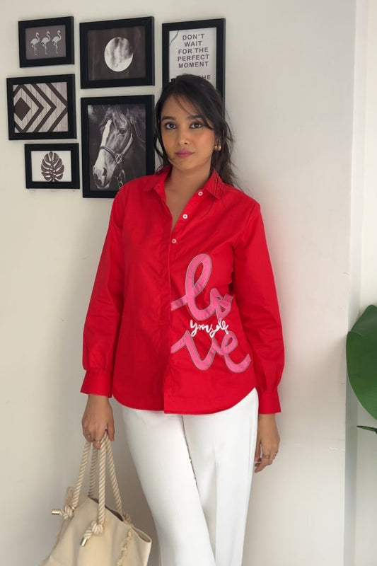 Love Yourself Red Poplin Women Shirt