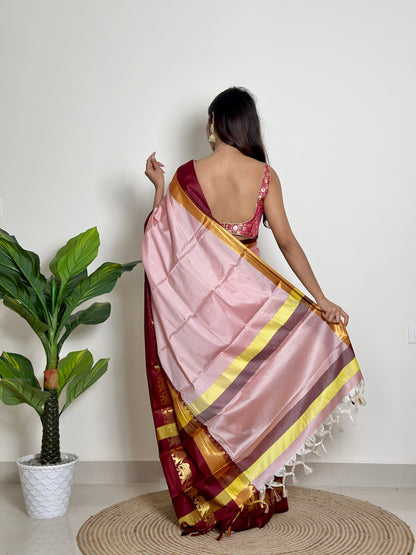 Rose Milk Pink Handwoven Silk Saree