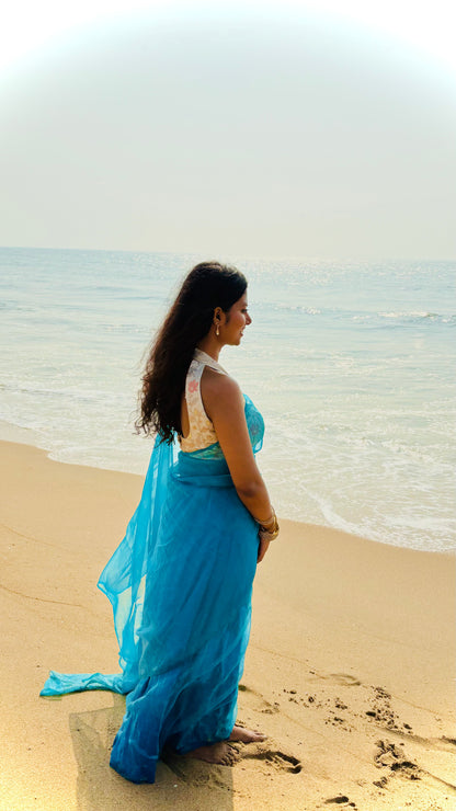Ocean Blue Organza Saree