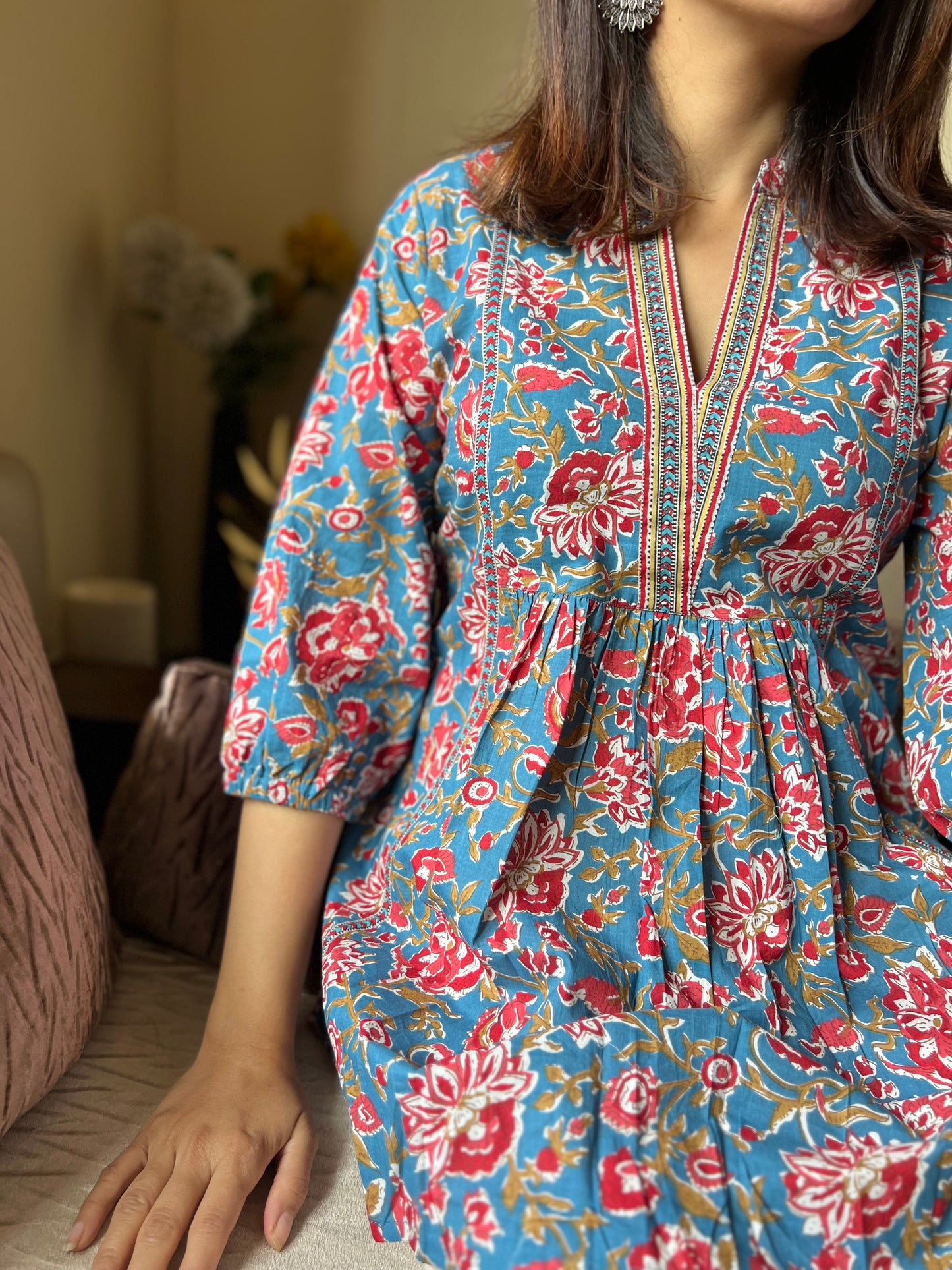 Turquoise Floral Print Pure Cotton Cinched Waist Top